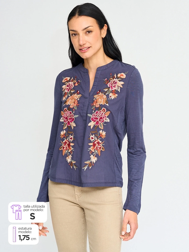POLERA MUJER TATIENNE ALGODÓN MANGA LARGA BORDADA - 1