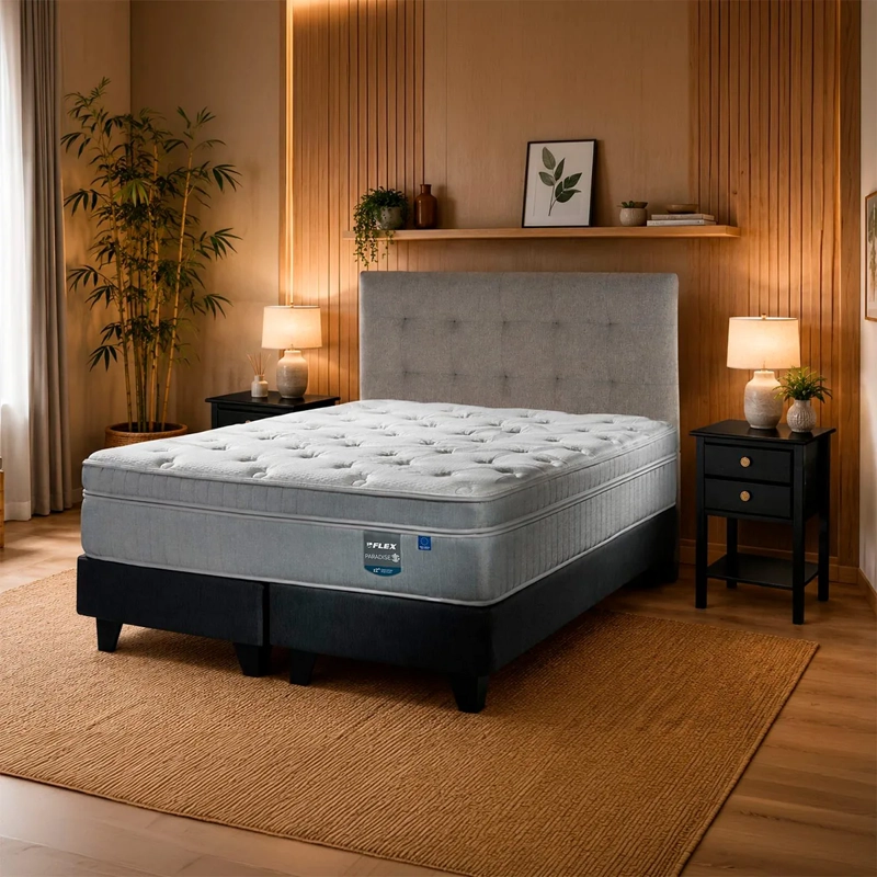 JUEGO DORMITORIO FLEX KING BOX B/D + RESPALDO DESIGN GRIS + VELADOR ROVER PARADISE - 5
