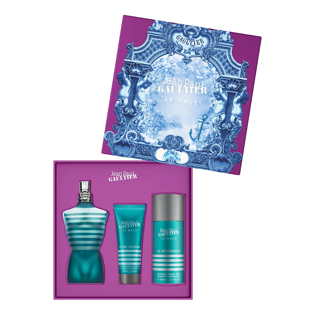 SET PERFUME JEAN PAUL GAULTIER HOMBRE LE MALE EAU DE TOILETTE 125 ML + ALL-OVER GEL DE BAÑO 75 ML + DESODORANTE SPRAY 150 ML - 2