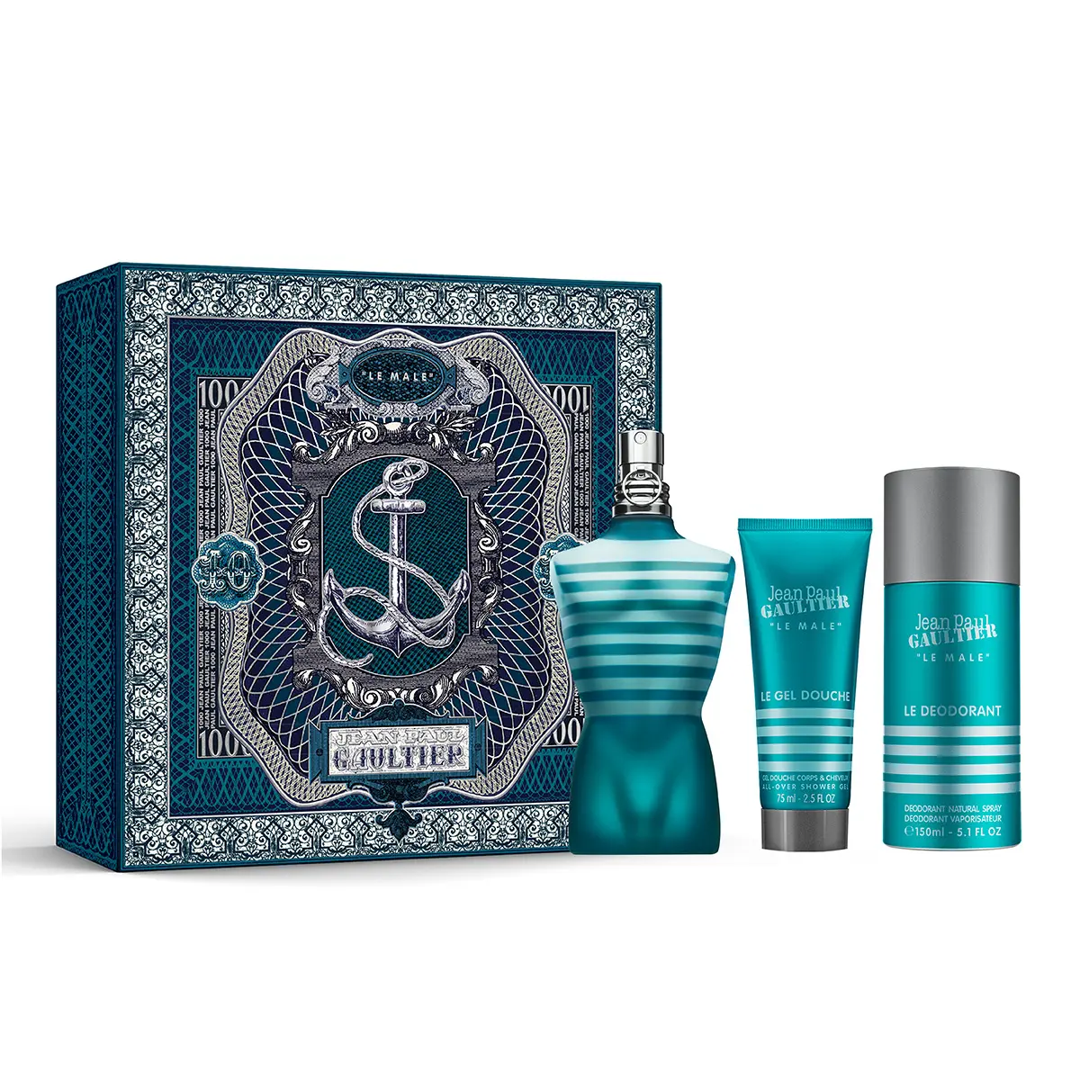 SET PERFUME JEAN PAUL GAULTIER HOMBRE LE MALE EAU DE TOILETTE 125 ML + ALL-OVER GEL DE BAÑO 75 ML + DESODORANTE SPRAY 150 ML - 3