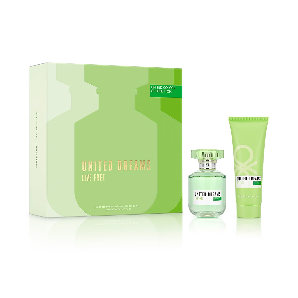 PERFUME BENETTON UNITED DREAMS LIVE FREE MUJER EDT 50 ML + LOCIÓN CORPORAL 75 ML - 1