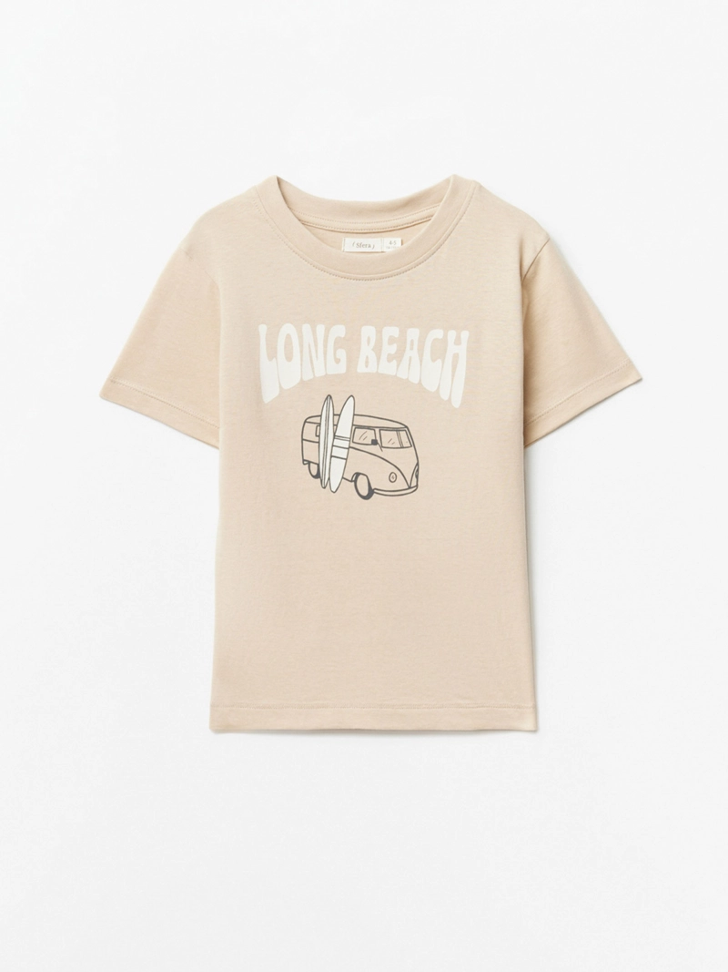 POLERA MANGA CORTA ALGODÓN NIÑO SFERA BEIGE PRINT LINEAL - 1