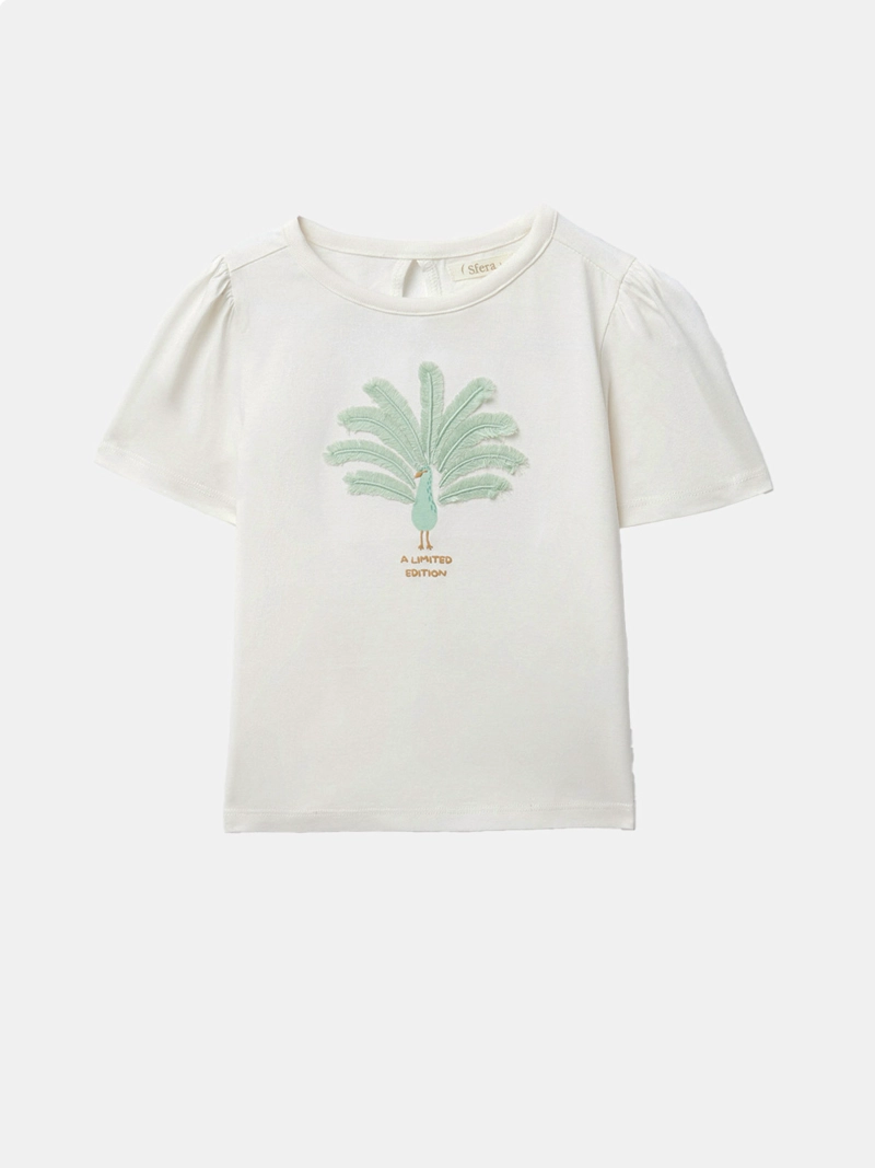 POLERA MANGA CORTA ALGODÓN NIÑA SFERA CRUDO PAVO REAL PLUMAS - 1