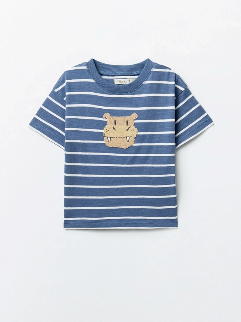 POLERA MANGA CORTA ALGODÓN NIÑO SFERA AZUL MARINO RAYAS HIPOPOTAMO - 1