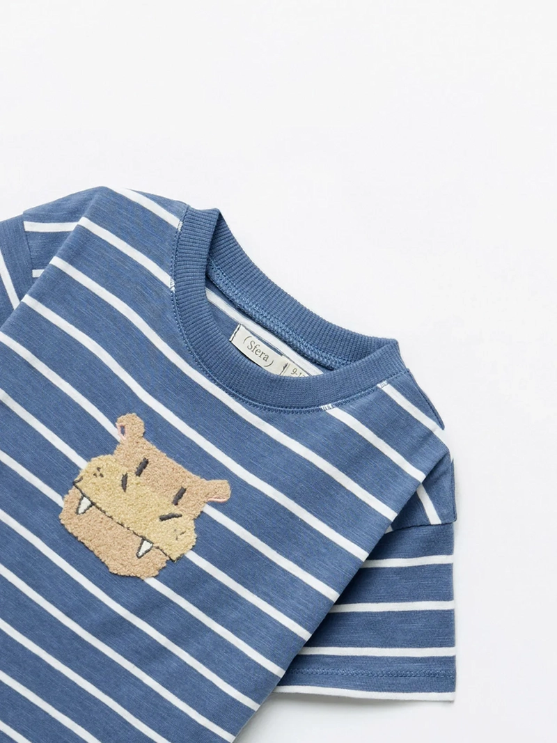 POLERA MANGA CORTA ALGODÓN NIÑO SFERA AZUL MARINO RAYAS HIPOPOTAMO - 2
