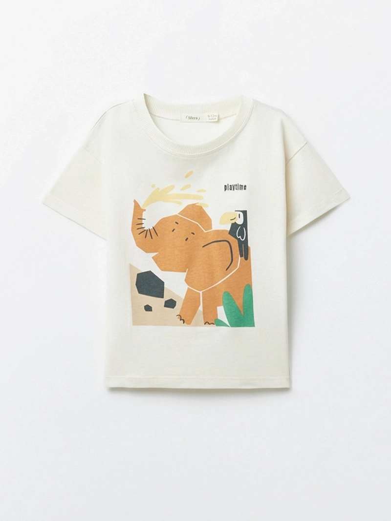 POLERA MANGA CORTA ALGODÓN NIÑO SFERA BLANCO ESTAMPADA ELEFANTE - 1