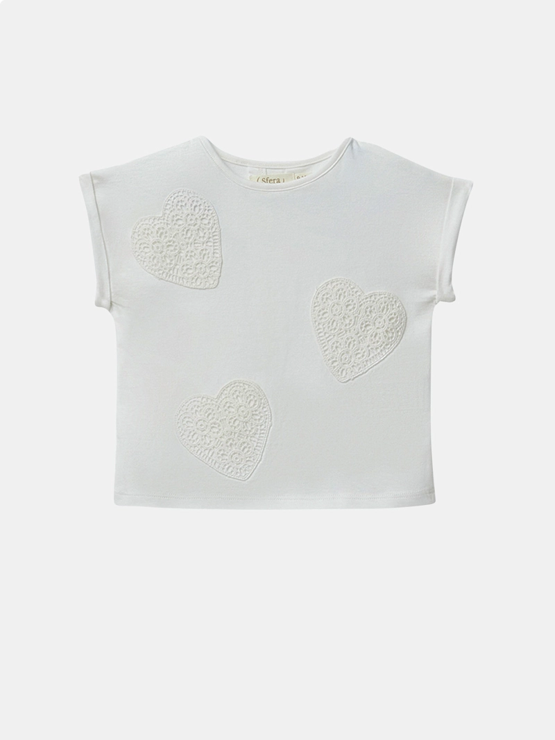POLERA MANGA CORTA ALGODÓN NIÑA SFERA BLANCO PARCHES CORAZÓN ESPALDA CRUZADA - 1