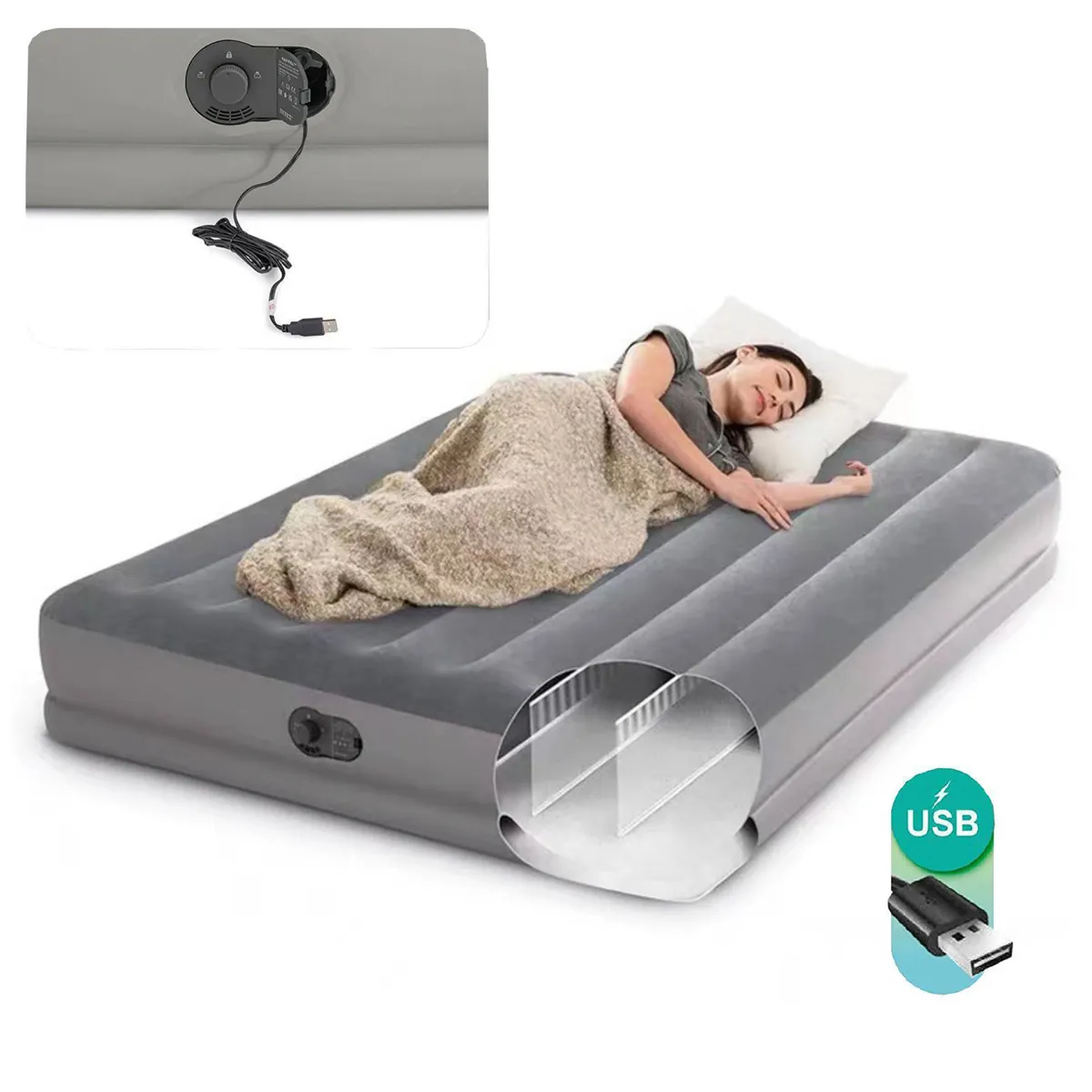 CAMA BE DESIGN INFLABLE ELÉCTRICA 2 PLAZAS GRIS - 3