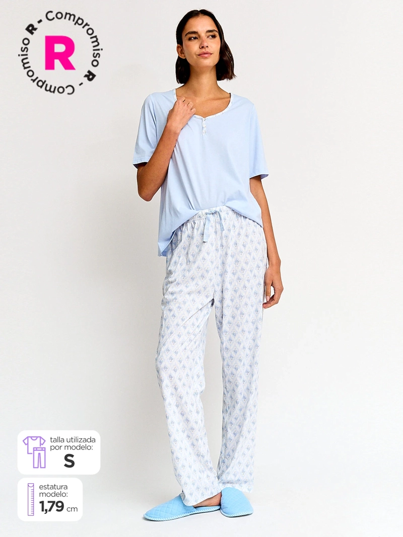PIJAMA MUJER MANGA CORTA AZIZ BÁSICO PANTALÓN LARGO - 1