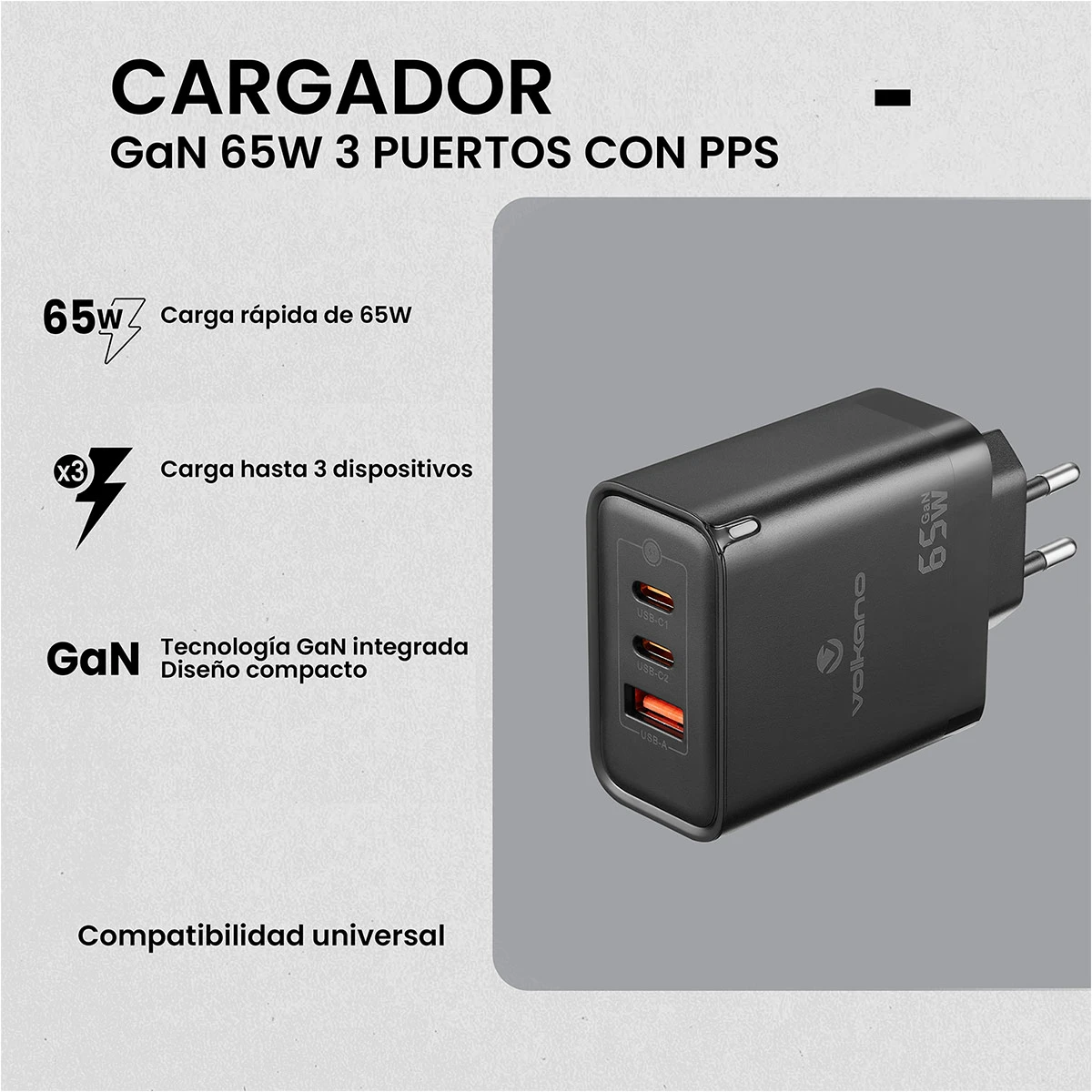 CARGADOR DE CELULAR 65W VOLKANO - 3