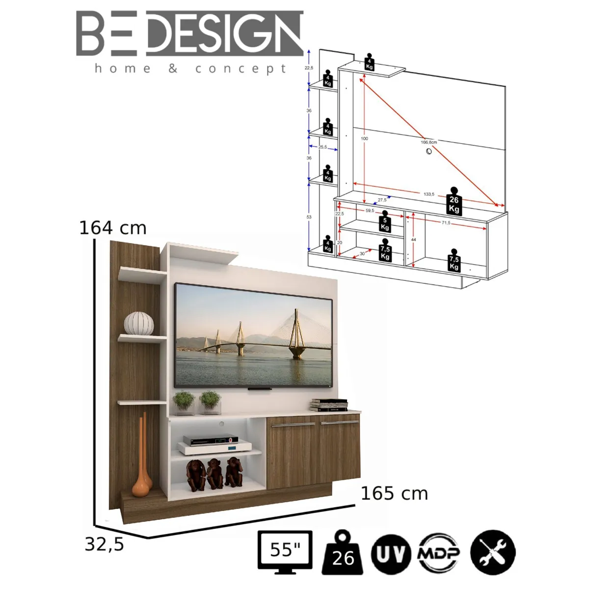 CENTRO DE ENTRETENCIÓN BE DESIGN VERONA MDP 55" RACK BLANCO/CAFÉ - 4