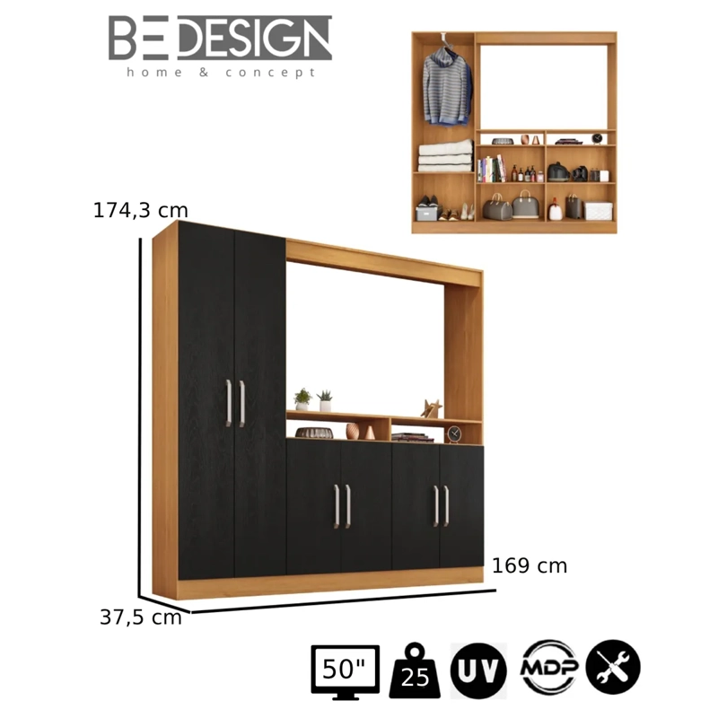 RACK TV BE DESIGN MDP 50" CON ARMARIO 6 PUERTAS NEGRO/CARAMELO - 3