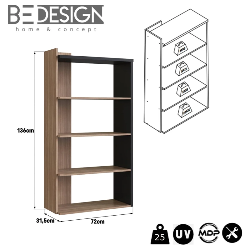 ESTANTE BE DESIGN SENSE EMOVELL 4 REPISAS MDP CASTAÑO/NEGRO - 3
