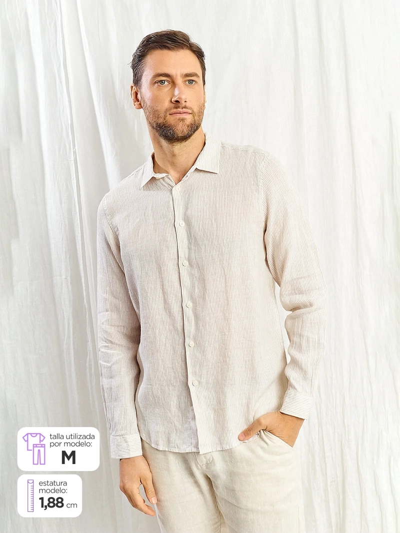 CAMISA HOMBRE SPAVALDI LINO CUELLO CAMISERO MANGA LARGA LÍNEAS - 1