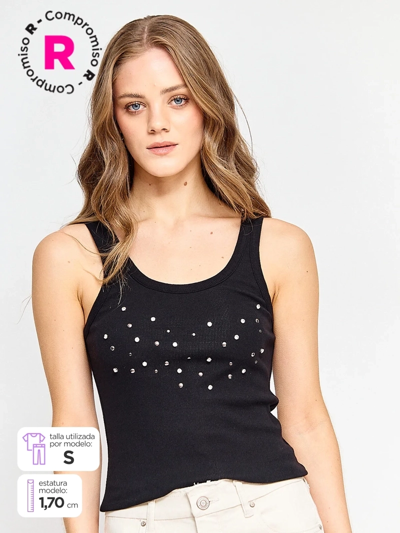 POLERA MUJER BARBADOS ALGODÓN MANGA CORTA STRASS - 1