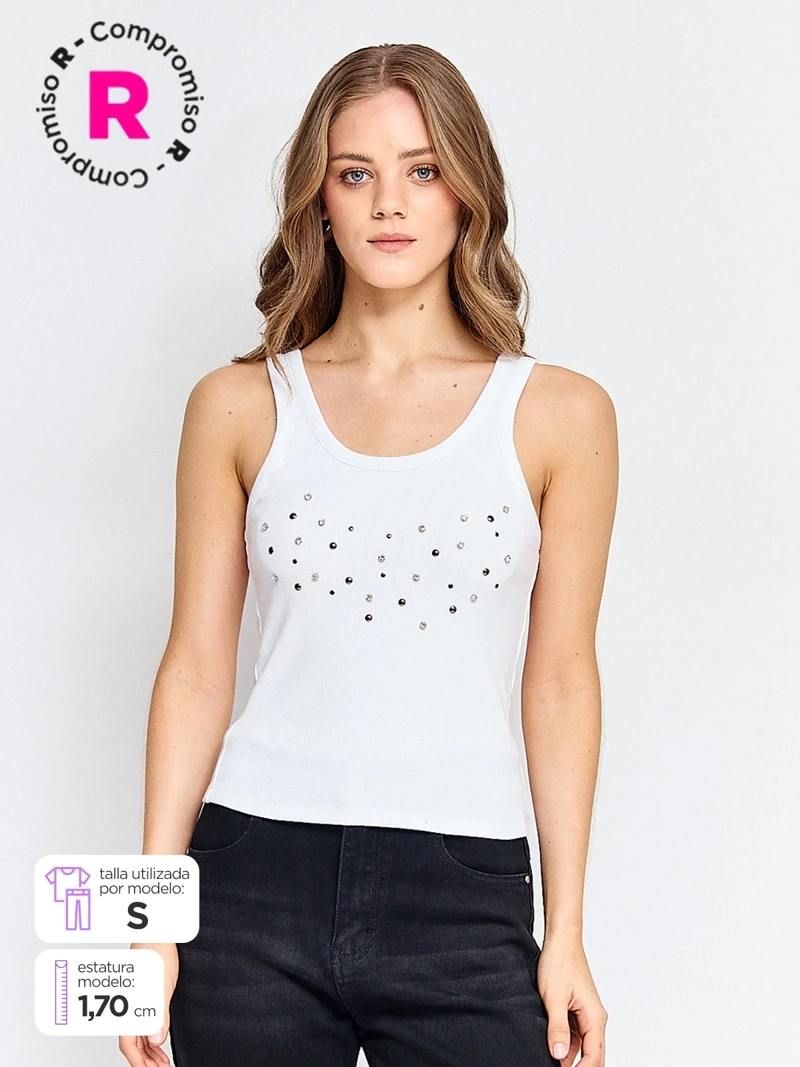 POLERA MUJER BARBADOS ALGODÓN MANGA CORTA STRASS - 1