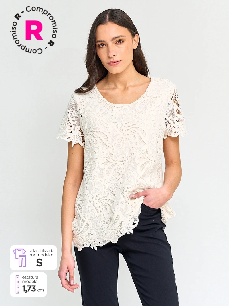 POLERA MUJER CACHAREL ALGODÓN MANGA CORTA MACRAMÉ - 1
