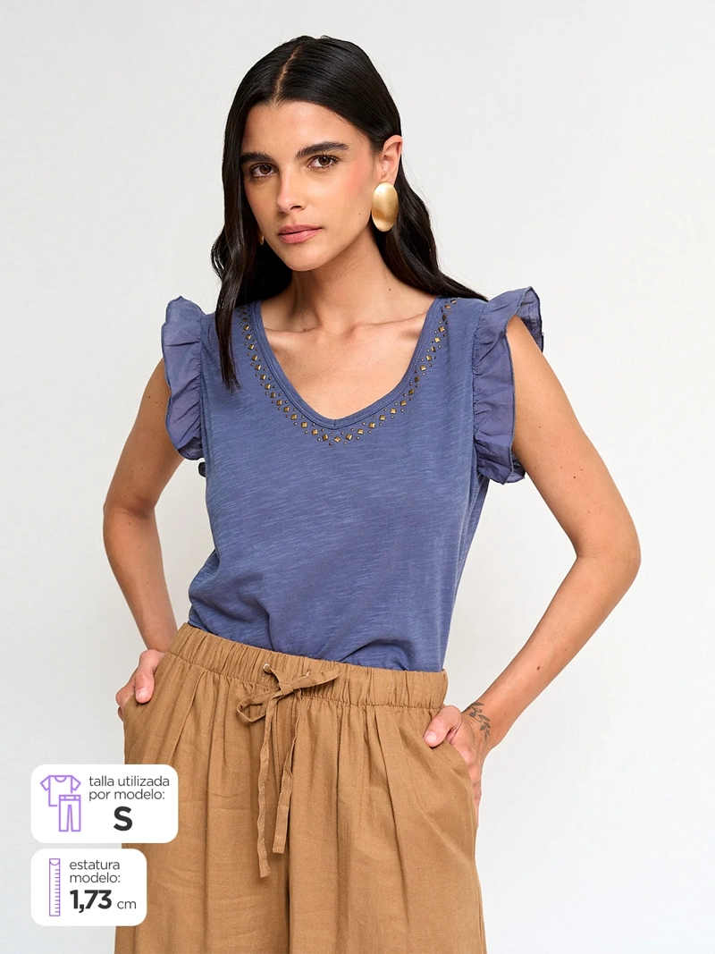 POLERA MUJER TATIENNE ALGODÓN MANGA VUELO TACHAS - 1