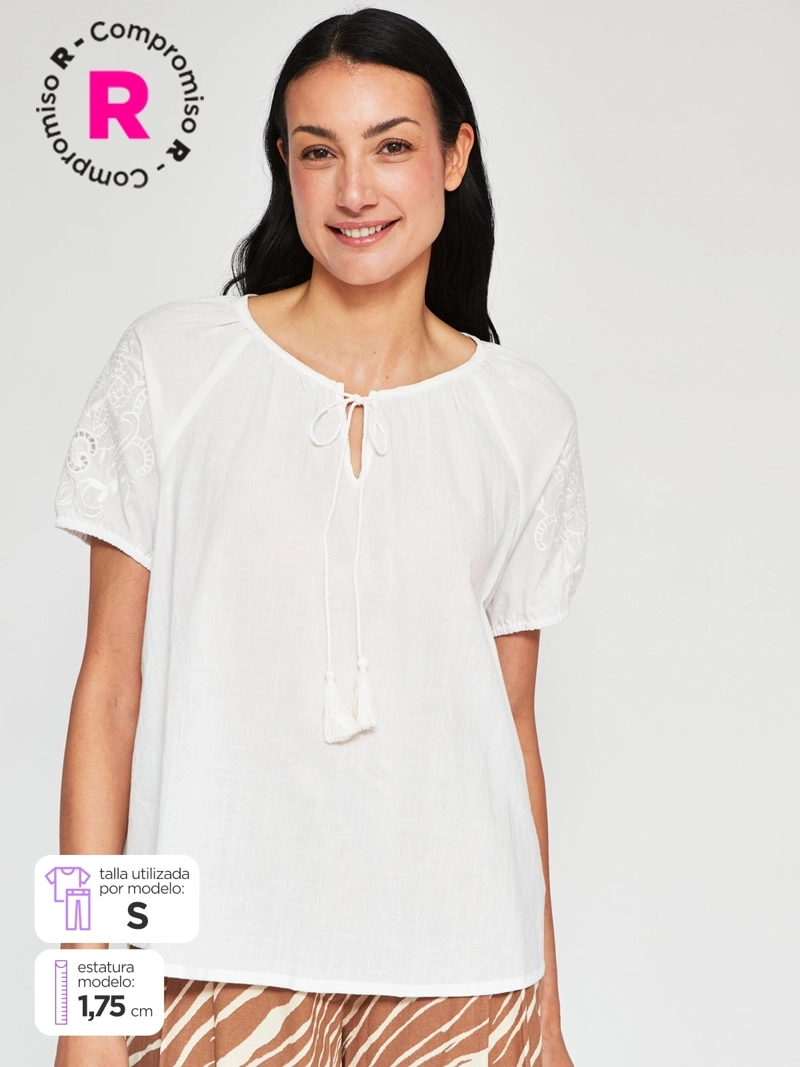 BLUSA MUJER AZIZ ALGODÓN MANGA CORTA BORDADA - 1