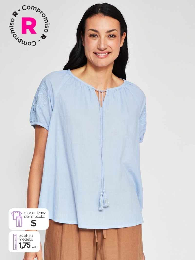 BLUSA MUJER AZIZ ALGODÓN MANGA CORTA BORDADA - 1