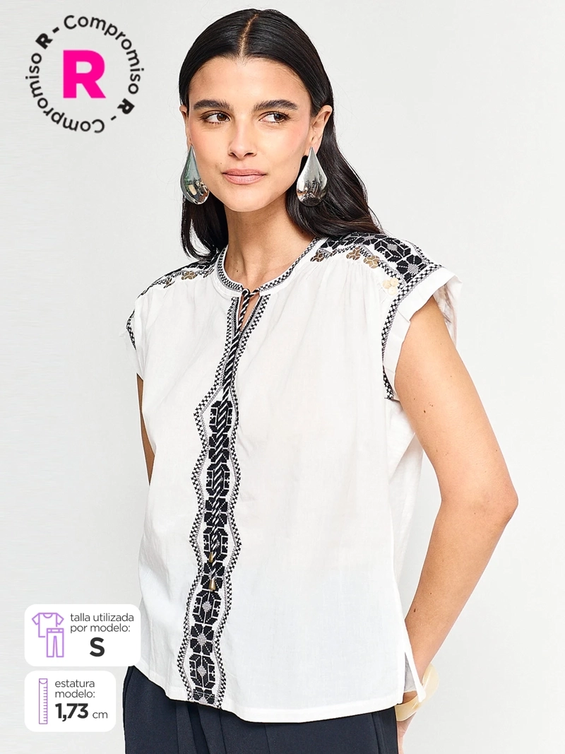 POLERA MUJER TATIENNE ALGODÓN MANGA CORTA BORDADA - 1