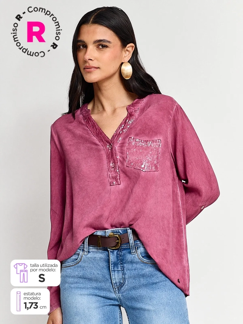 BLUSA MUJER TATIENNE MANGA LARGA ROLL UP LENTEJUELAS - 1