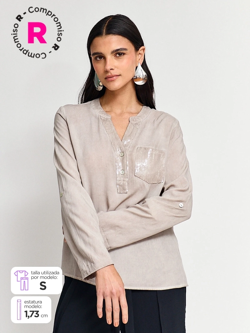 BLUSA MUJER TATIENNE MANGA LARGA ROLL UP LENTEJUELAS - 1