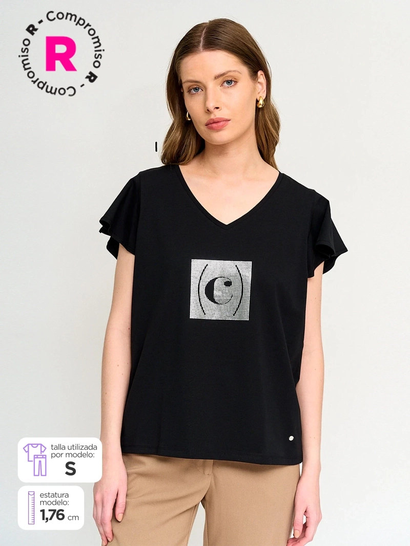 POLERA MUJER CACHAREL ALGODÓN CUELLO EN V MANGA CORTA - 1