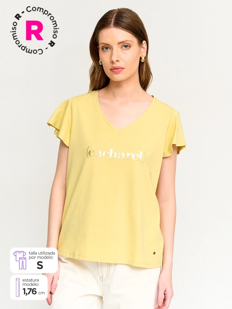 POLERA MUJER CACHAREL ALGODÓN CUELLO EN V MANGA CORTA - 1