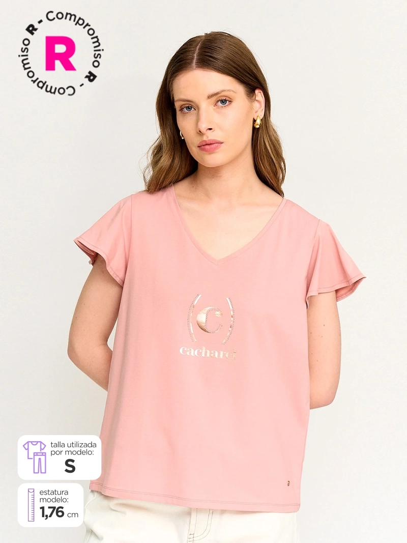 POLERA MUJER CACHAREL ALGODÓN CUELLO EN V MANGA CORTA - 1
