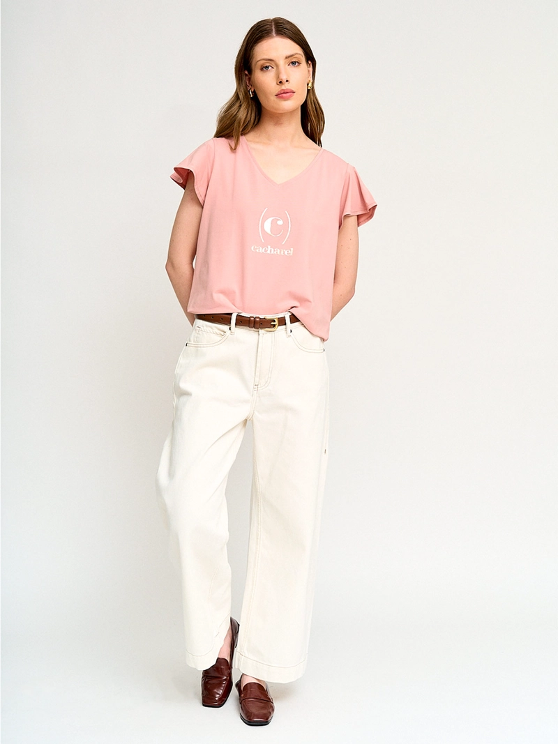 POLERA MUJER CACHAREL ALGODÓN CUELLO EN V MANGA CORTA - 4