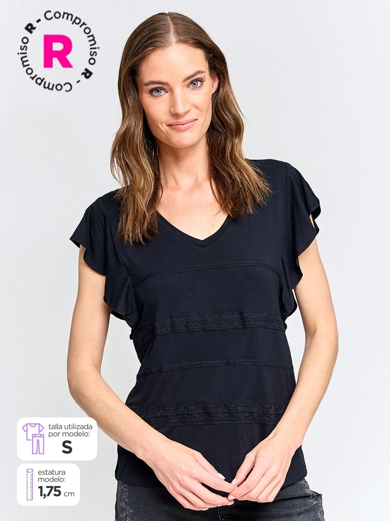 POLERA MUJER TATIENNE ALGODÓN MANGA CORTA MACRAMÉ - 1