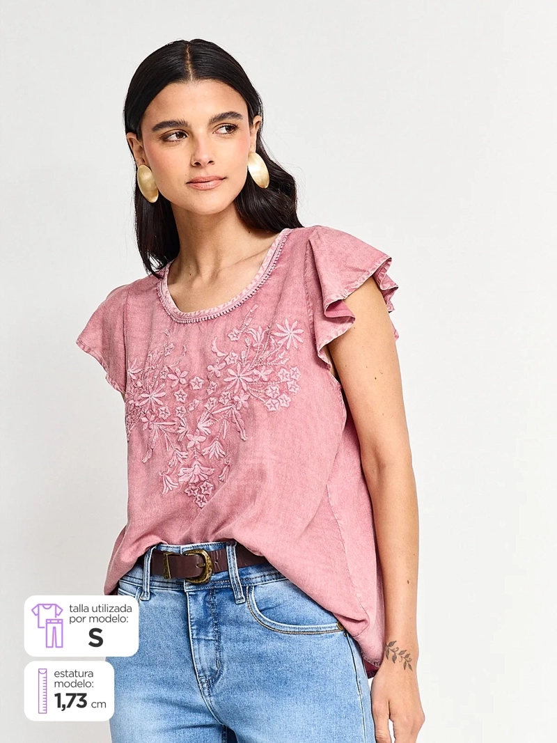 BLUSA MUJER TATIENNE MANGA CORTA BORDADA FLORES - 1