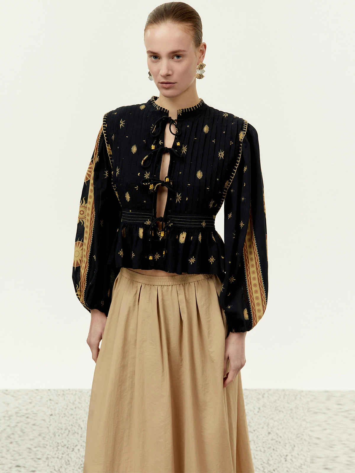BLUSA MUJER SFERA ALGODÓN MANGA LARGA BORDADA