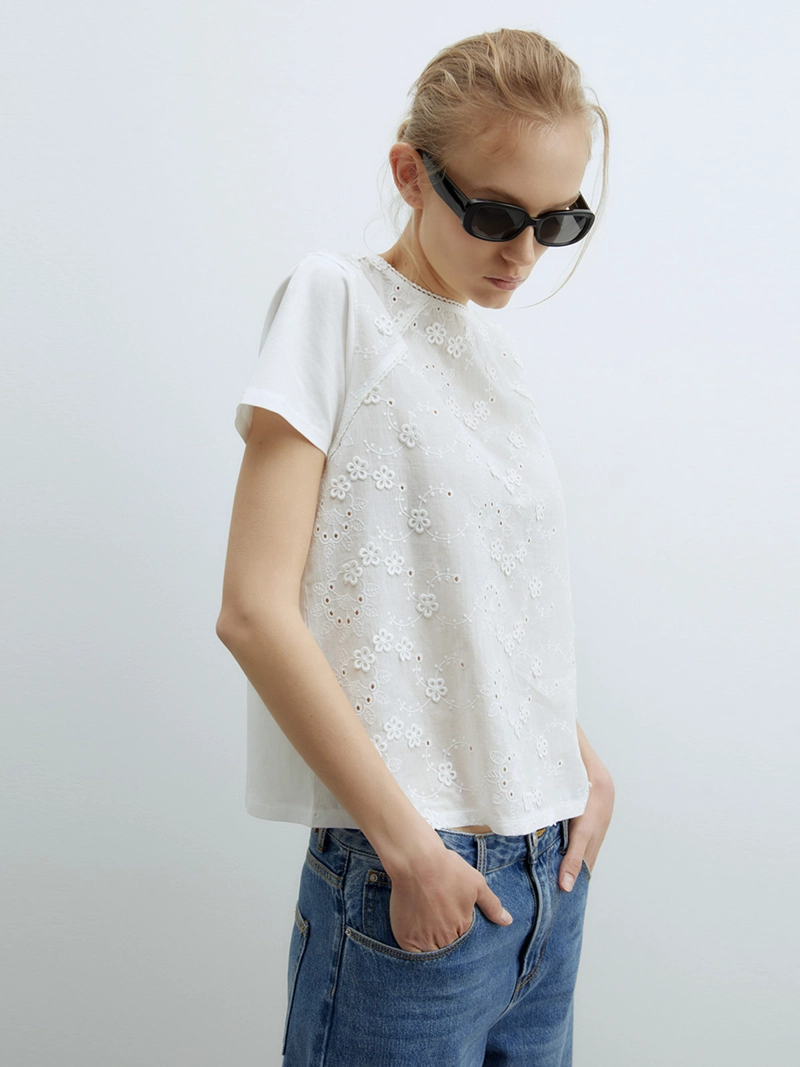 POLERA MUJER SFERA ALGODÓN FLOR BORDADO - 1