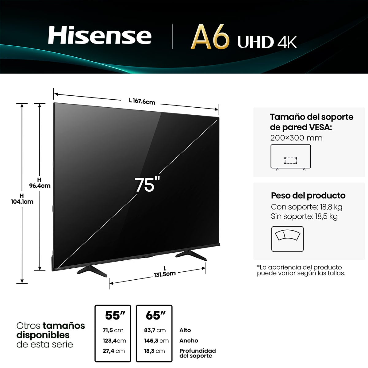 SMART TV HISENSE LED 4K UHD 75” 75A6NV - 3