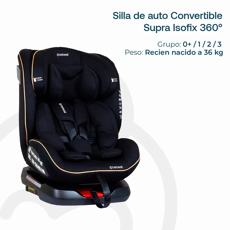SILLA DE AUTO BEBE CONVERTIBLE SUPRA 360 ISOFIX NEGRA DORADA - 5