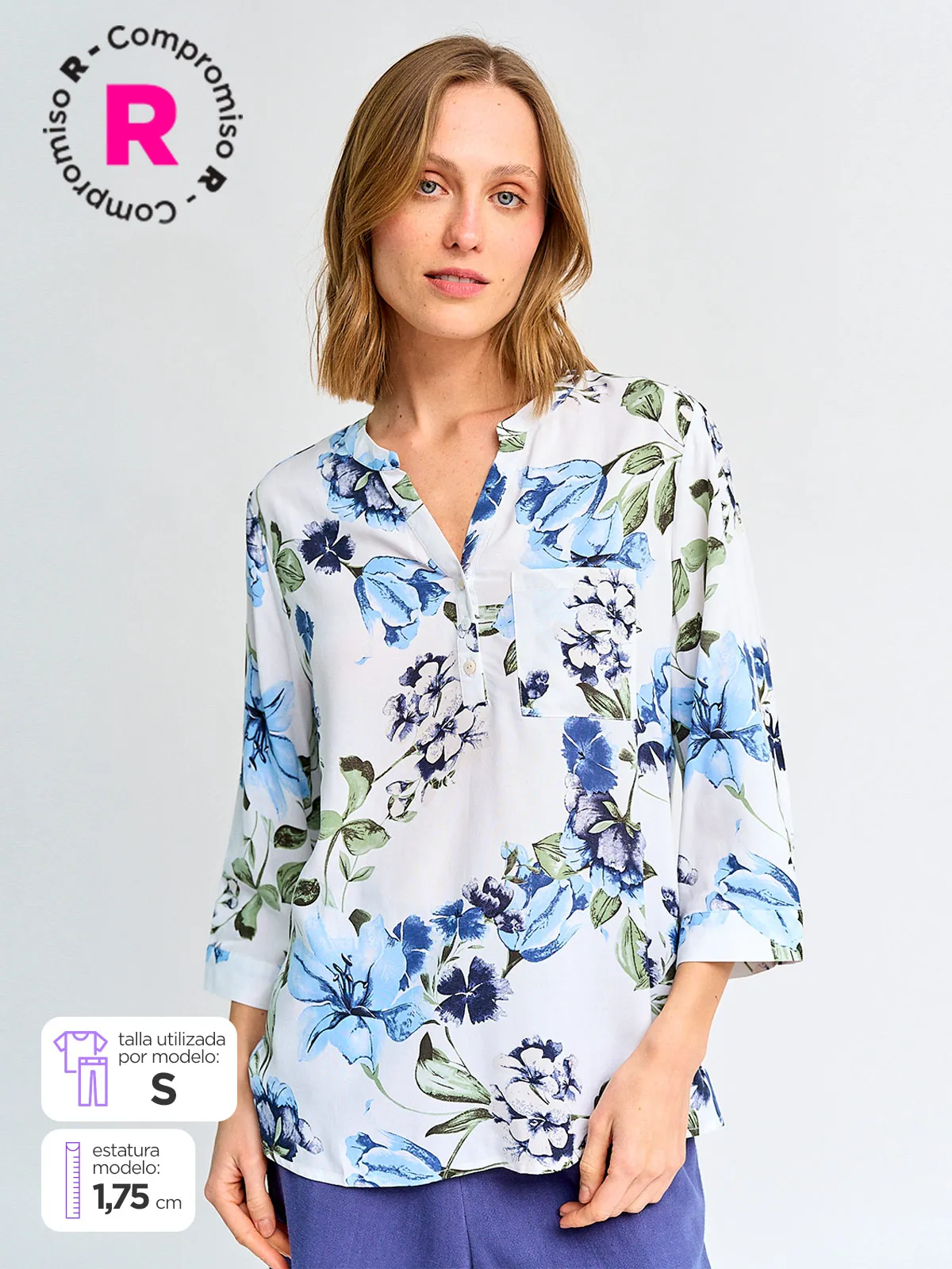 BLUSA MUJER AZIZ CUELLO MAO MANGA 3/4 ESTAMPADA - 1