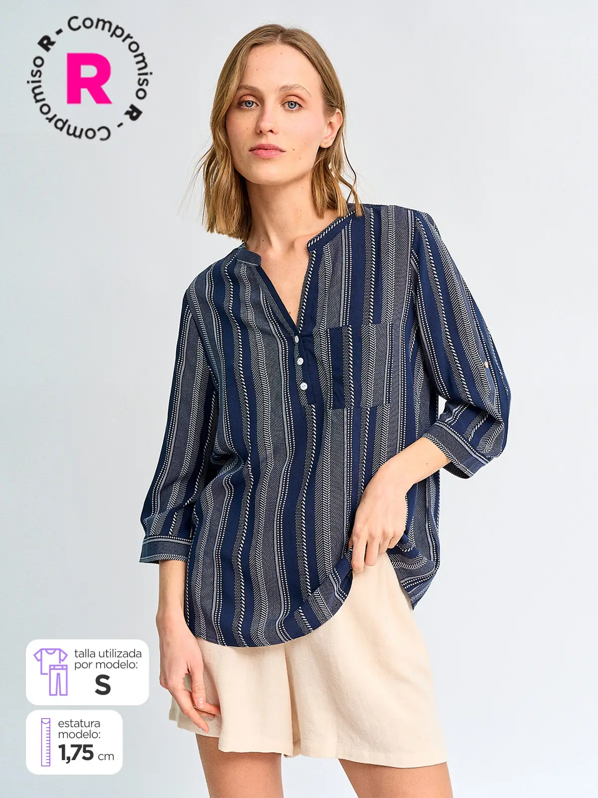 BLUSA MUJER AZIZ CUELLO MAO MANGA 3/4 ESTAMPADA - 1