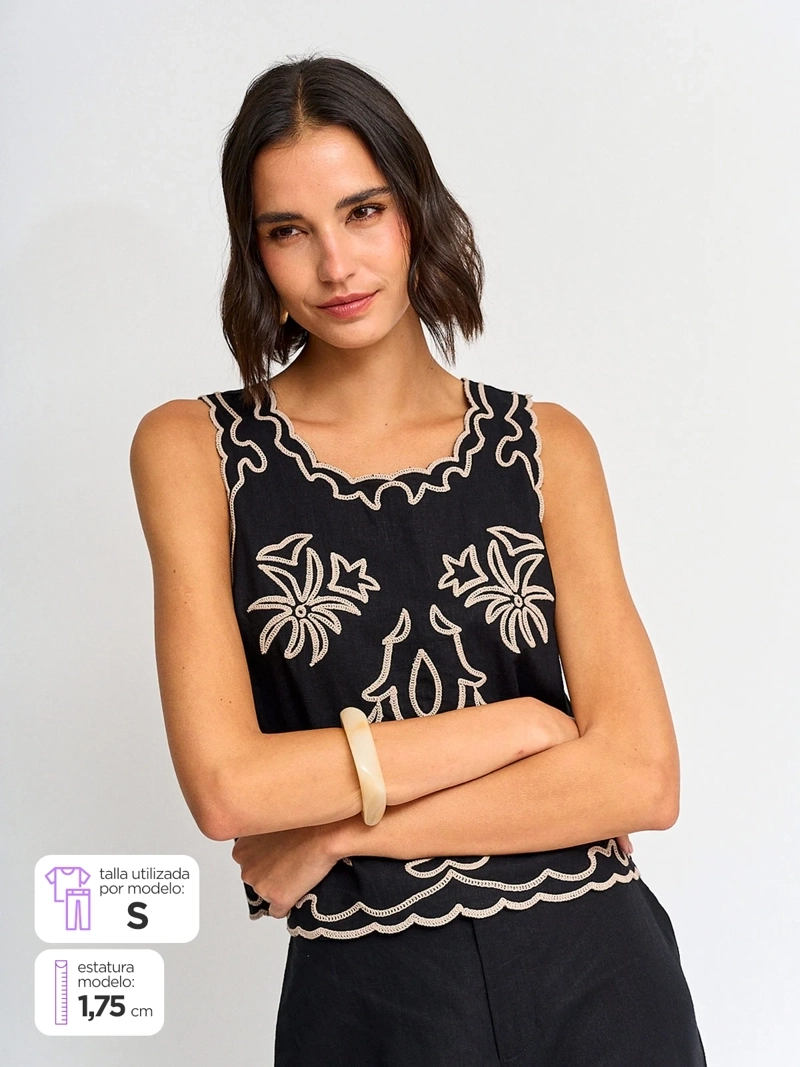 BLUSA MUJER TATIENNE LINO SIN MANGAS BORDADA - 1