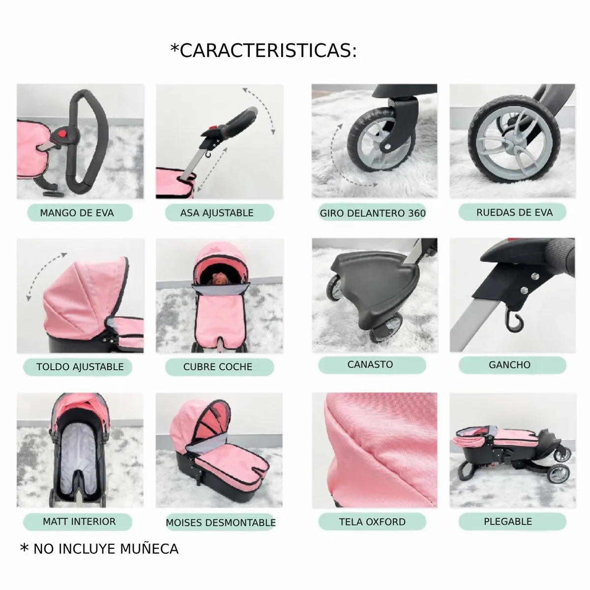 COCHE CUNA KIDSCOOL JUGUETE PARA MUÑECA ROSADO - 5