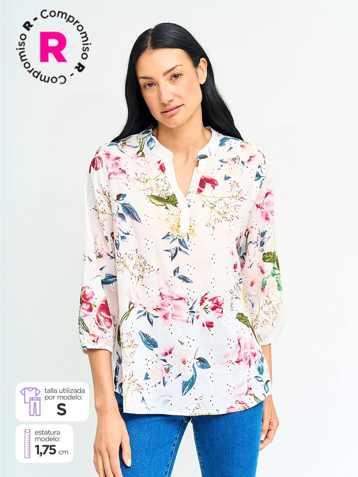 BLUSA MUJER CACHAREL ALGODÓN CUELLO EN V MANGA 3/4 - 1