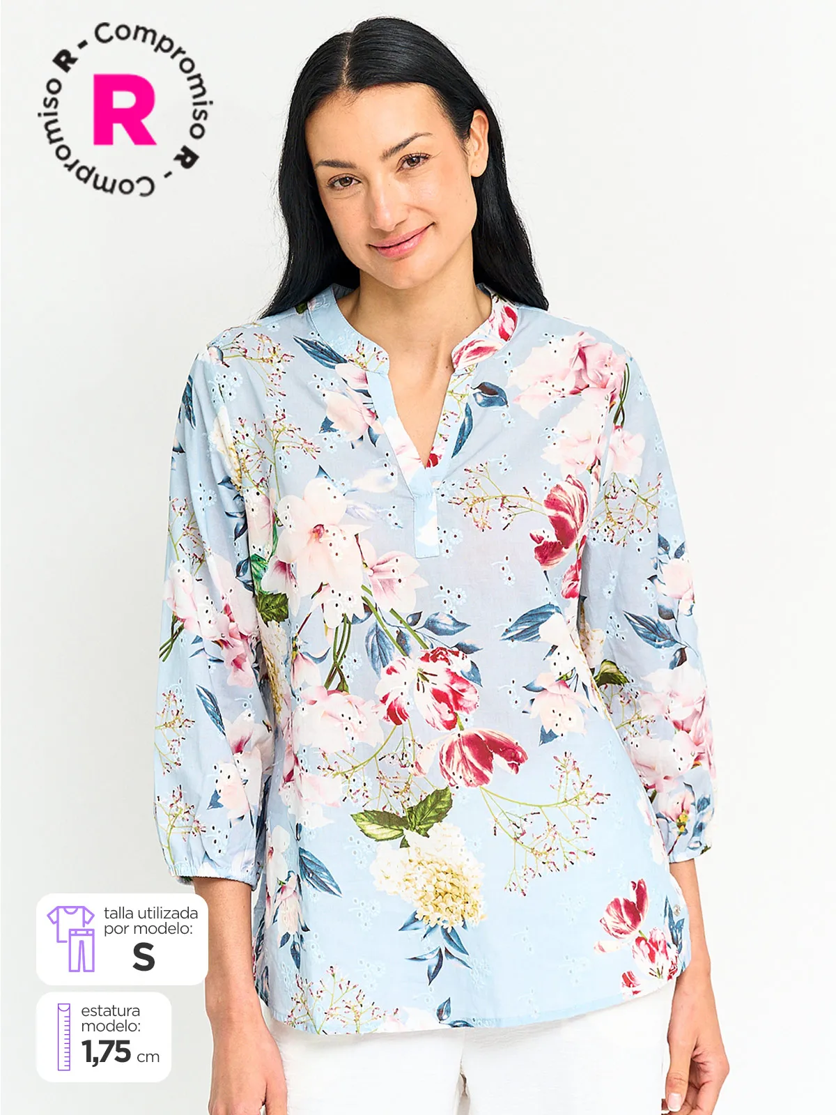 BLUSA MUJER CACHAREL ALGODÓN CUELLO EN V MANGA 3/4 - 1