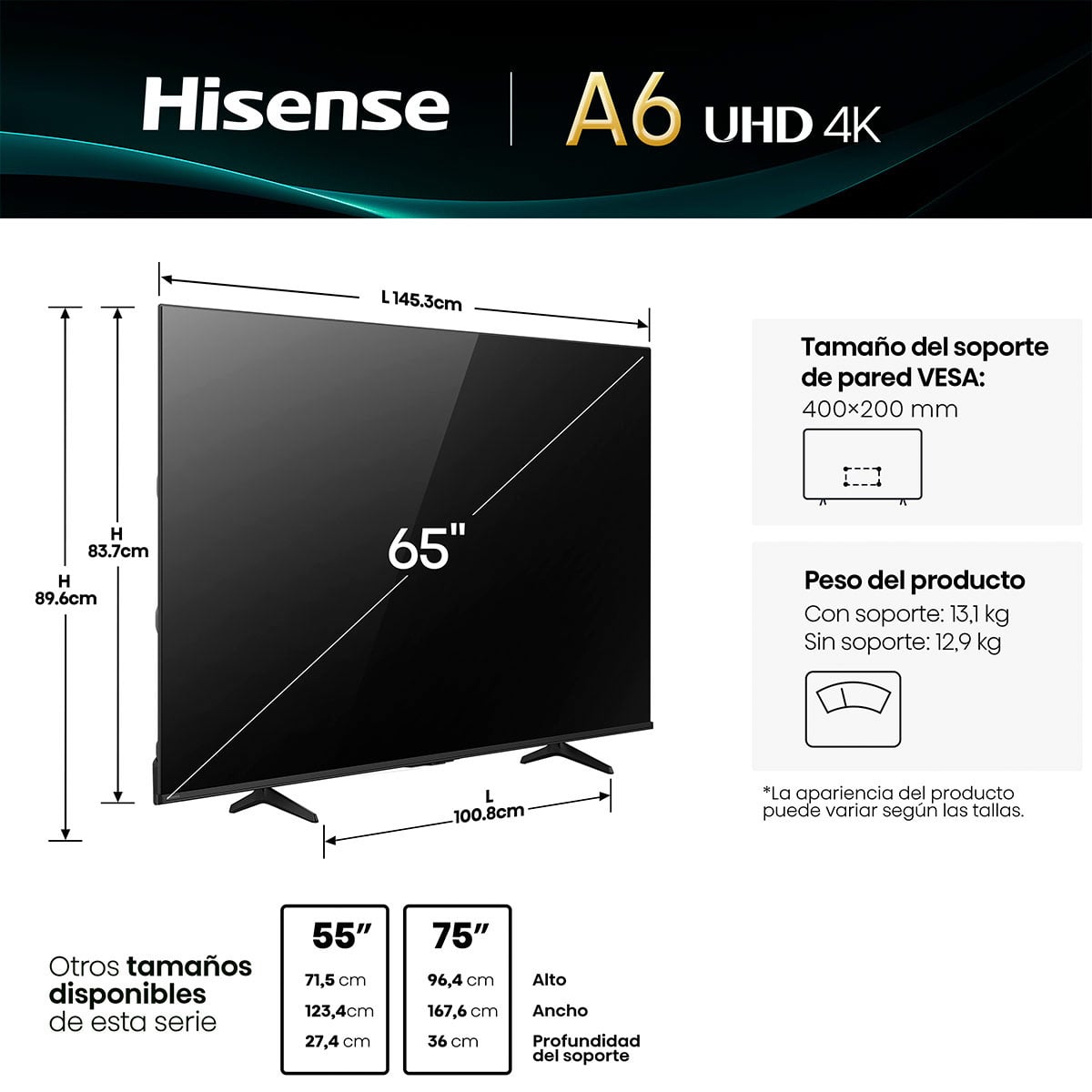 SMART TV HISENSE LED 4K UHD 65” 65A6NV - 3