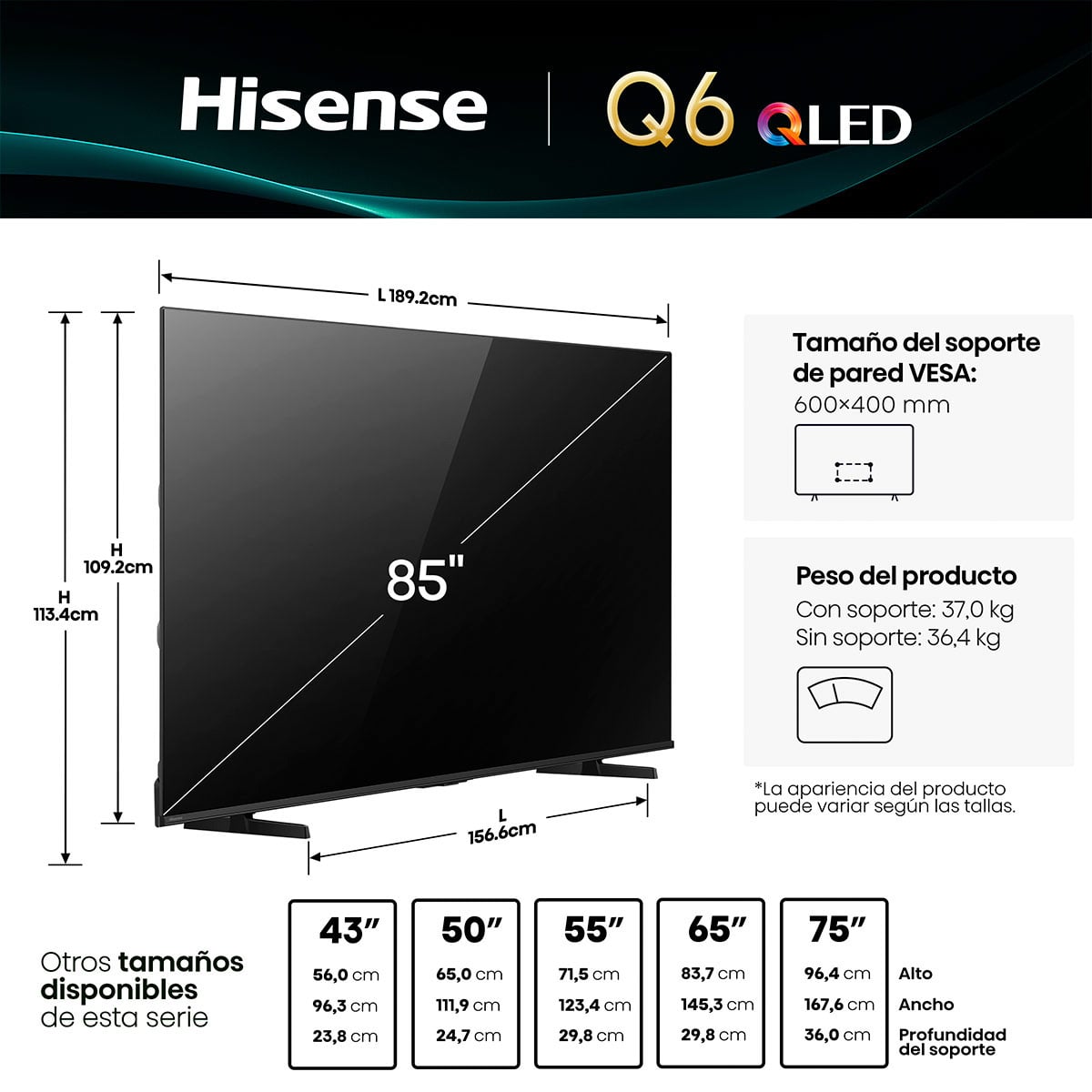 SMART TV HISENSE QLED 4K UHD 85” 85Q6QV - 3