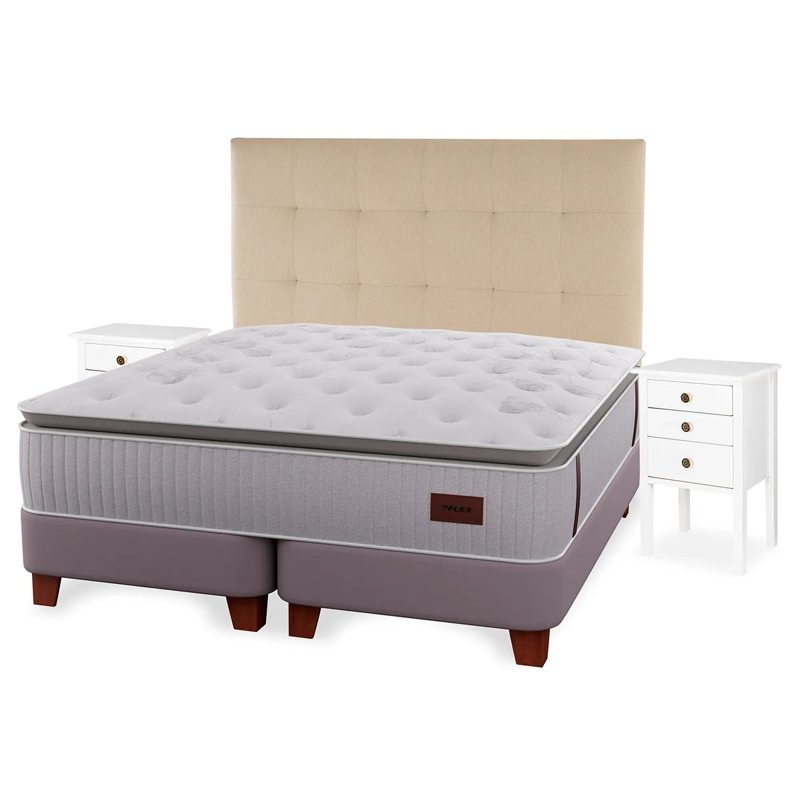 CAMA EUROPEA FLEX HERITAGE BOX 2 PLAZAS + RESPALDO CRUDO + VELADOR ROMA - 1