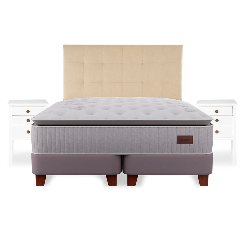 CAMA EUROPEA FLEX HERITAGE BOX 2 PLAZAS + RESPALDO CRUDO + VELADOR ROMA - 2