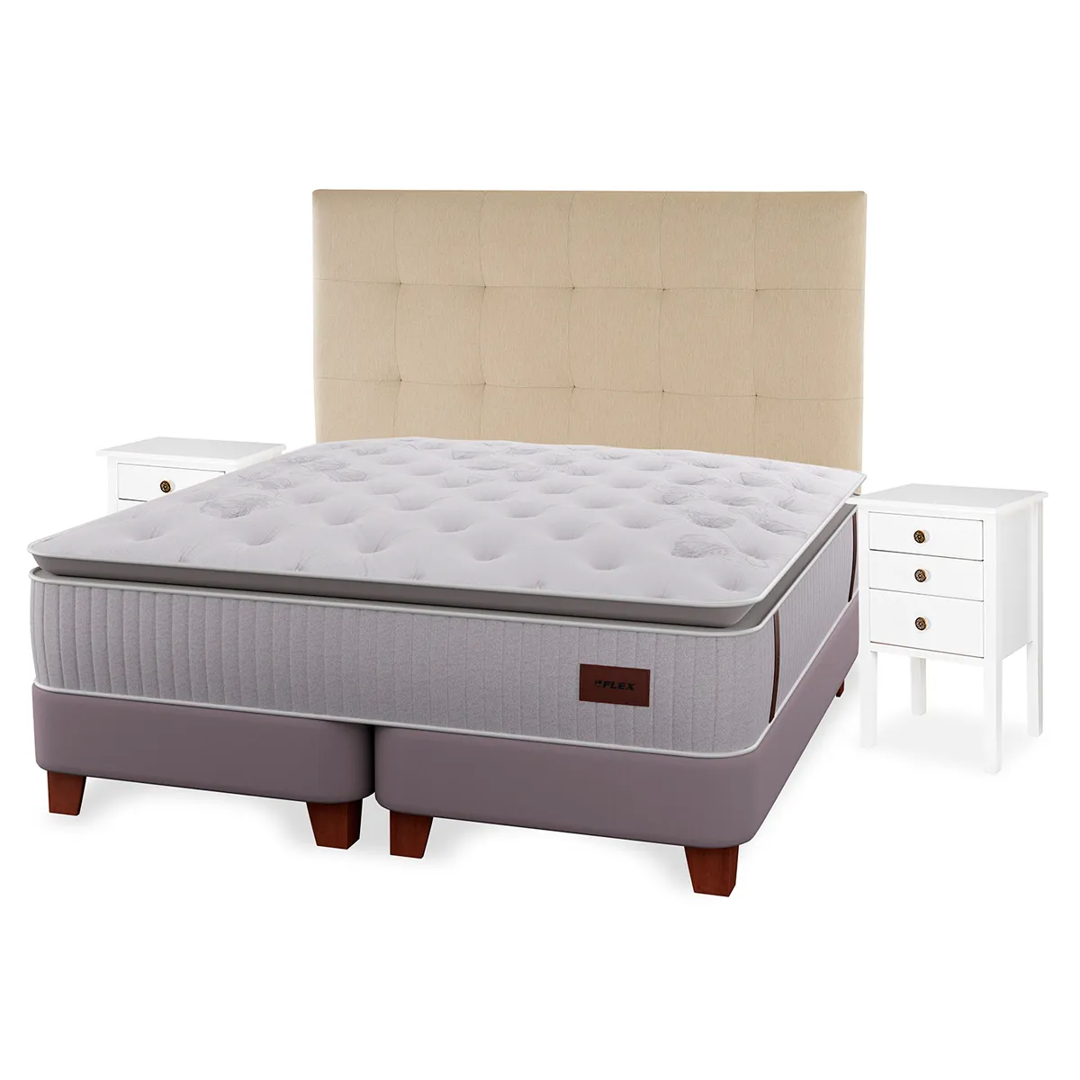 CAMA EUROPEA FLEX HERITAGE BOX KING + RESPALDO CRUDO + VELADOR ROMA - 1