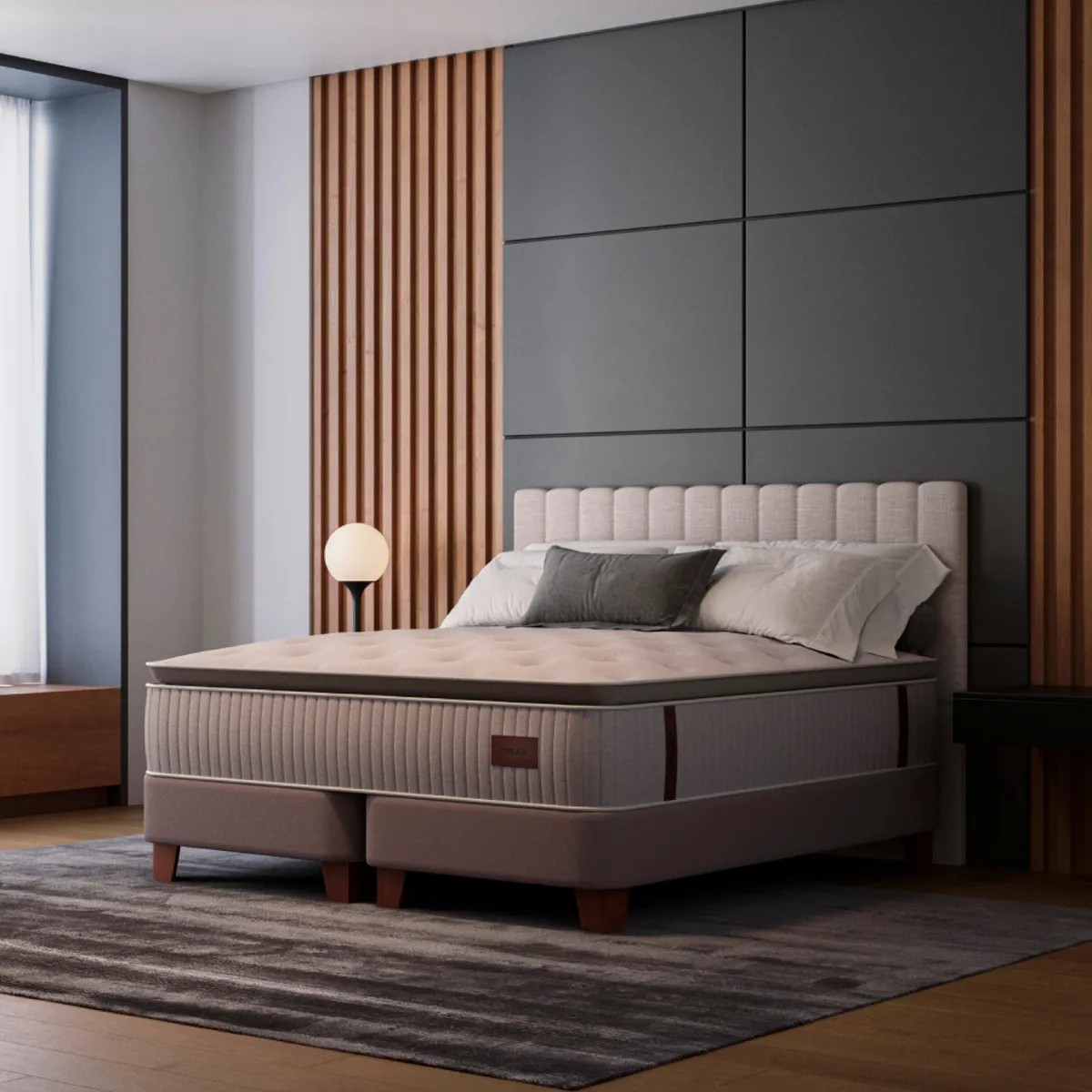 CAMA EUROPEA FLEX HERITAGE BOX KING + RESPALDO CRUDO + VELADOR ROMA - 6