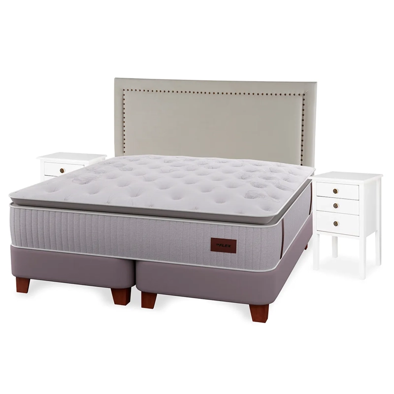 CAMA EUROPEA FLEX HERITAGE BOX KING + RESPALDO TACHAS + VELADOR ROMA